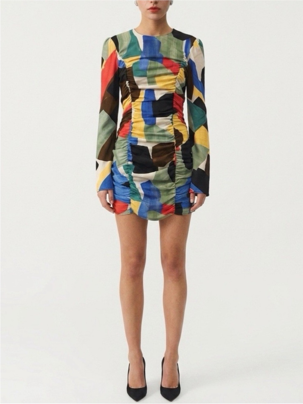 Zara Multicolor Abstract Print Mini Bodycon Dress XS Long Sleeve Ruched 80s